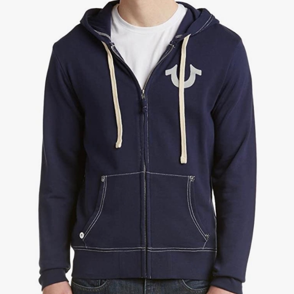 True Religion Men's Zip Up Hoodie Sweatshirt True Religion Men's Flocked Buddha